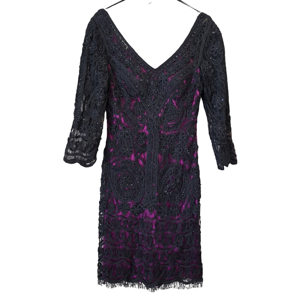 Sue Wong Black Lace Overlay with Purple Underlay Mini Dress